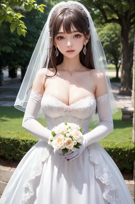  Close-up of beautiful bride wearing beautiful wedding dress,Gurwitz,(bridal veil:1.5），（Transparent short veil：1.5），Blushing face，Head flower，headgear，（tube top wedding dress：1.5），（Silk dress：1.2）,（Strapless wedding dress：1.5）,pure white dress，necklace，ear...