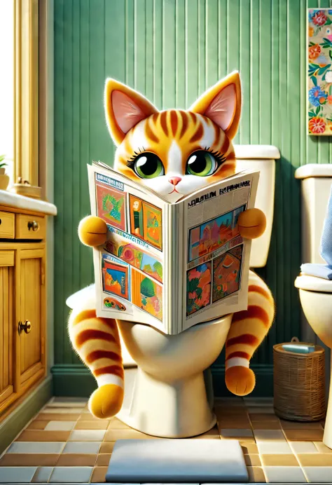 with folk art style,
(a cute female cat sits on the toilet and reads a thick and large fashion magazine), (wearing eyes：1.0), go...