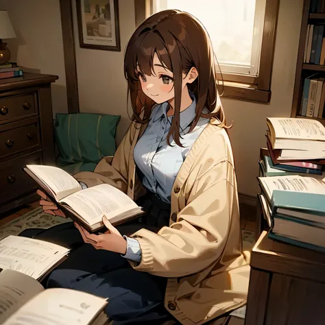 brown haired woman reading a book、smile、cardigan、room