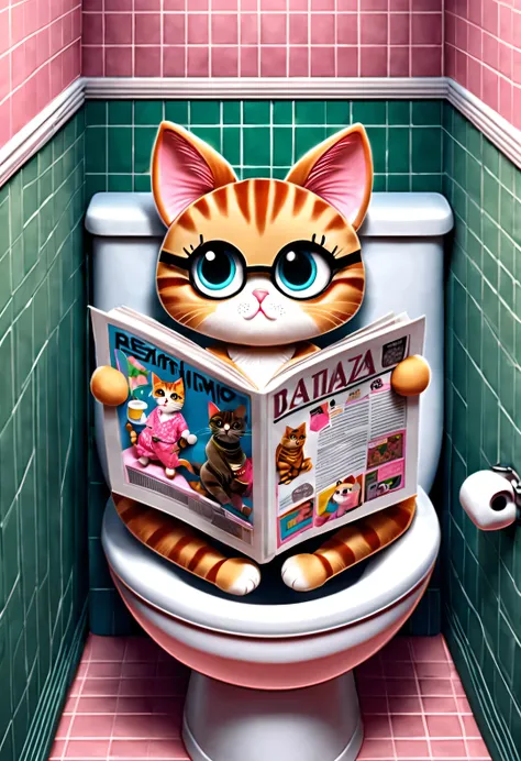 With folk art style,
(A cute female cat sits on the toilet and reads a thick and large fashion magazine), (Wearing eyes), Pink pajamas, Wear hip-hop style pajamas and over-the-top pajamas, Detailed and beautiful details,
background: Bathroom 3D rendering, ...