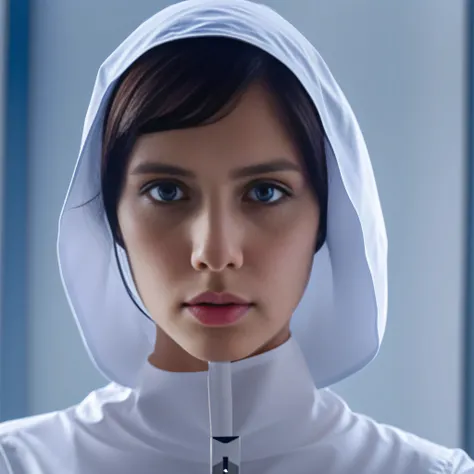 The nun, with crystal blue eyes, looks up, her face is submissive and calm