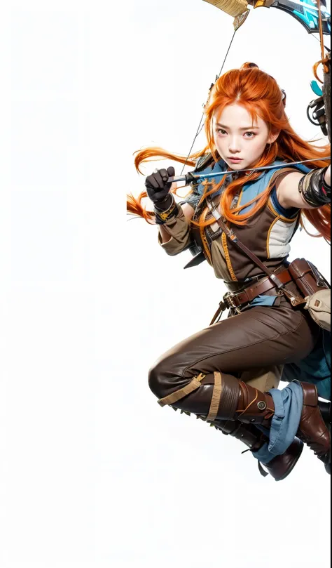 Aloy, genshin impact, mondstadt, female, orange hair, yellow eyes, brown top, brown trouser, brown hand glove, bow, arrow