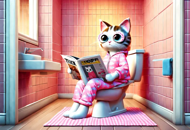 With folk art style,
(A cute female cat sits on the toilet and reads a thick and large fashion magazine), (Wearing eyes), Pink pajamas, Wear hip-hop style pajamas and over-the-top pajamas, Detailed and beautiful details,
background: Bathroom 3D rendering, ...