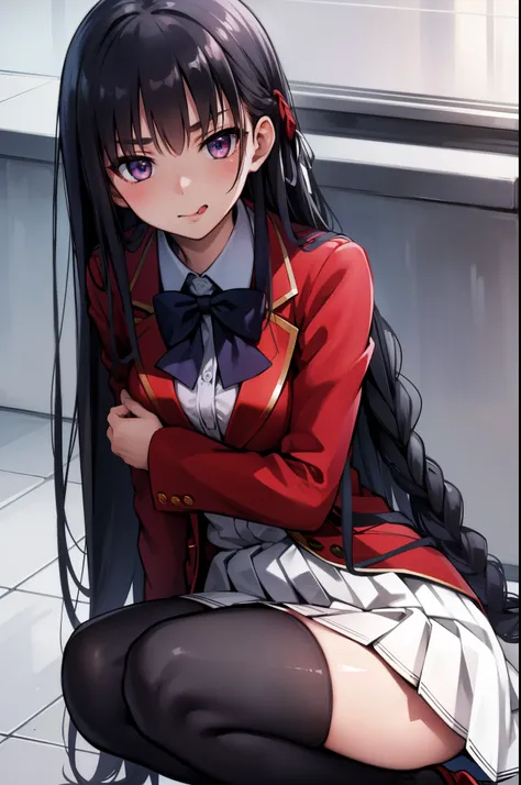 A large amount of all over the body on the chest and tongue, taken from the front, suzunehorikita, suzune horikita, black hair, braid, long hair, (purple eyes:1.1), BREAK advanced nurturing high school uniform, black thighhighs, blazer, bow, bowtie, butto...