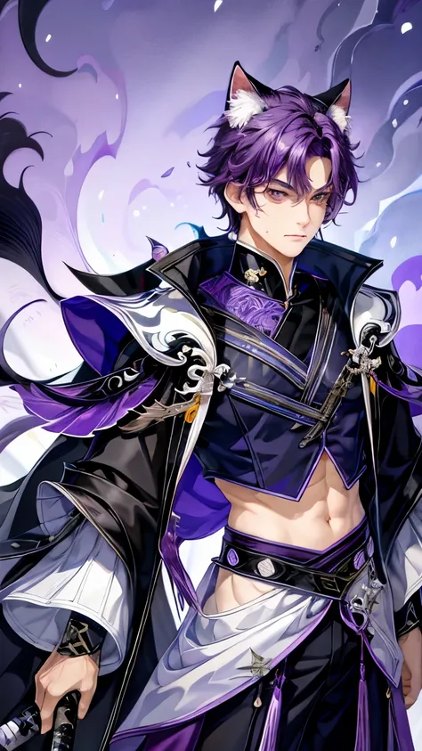 high quality, HD quality, 1Boy, purple hair, purple eyes, purple cat ears, male school uniform, katana on his back, serious