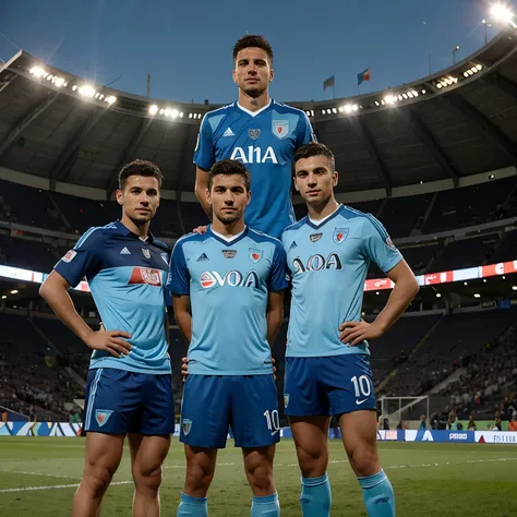 Soccer players pose for the camera wearing a Lazio jersey