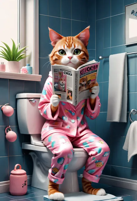 With folk art style,
(A cute female cat sitting on the toilet,While reading a thick and large fashion magazine), (Wearing eyes), Pink pajamas, Wear hip-hop style pajamas and over-the-top pajamas, Detailed and beautiful details,
background: Bathroom 3D rend...