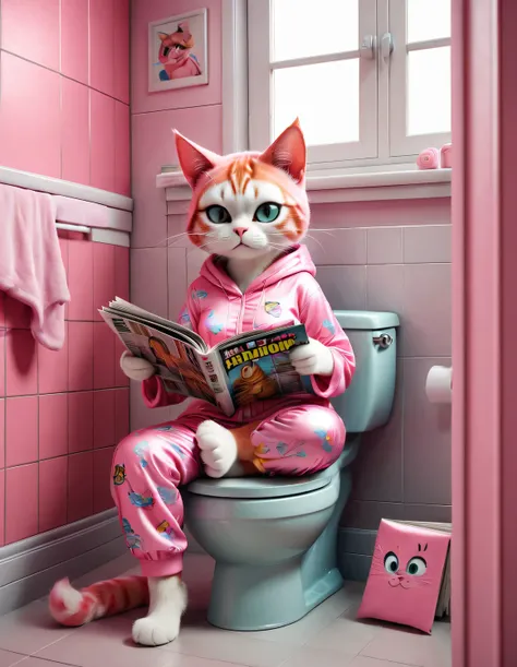 With folk art style,
(A cute female cat sitting on the toilet,While reading a thick and large fashion magazine), (Wearing eyes), Pink pajamas, Wear hip-hop style pajamas and over-the-top pajamas, Detailed and beautiful details,
background: Bathroom 3D rend...