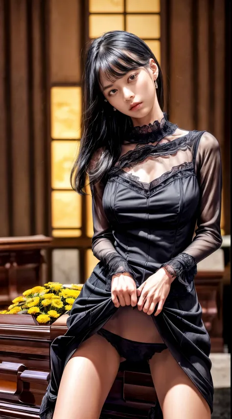 cowboy shot、messy hairstyle with bangs、black hair、Trailing hair、((widow))、((black long sleeve mourning dress))、(((Japanese style room)))、((((funeral))))、black formal wear、highest quality,(RAW photo:1.2)、(realistic:1.4),(High resolution:1.4), 1 girl, writte...