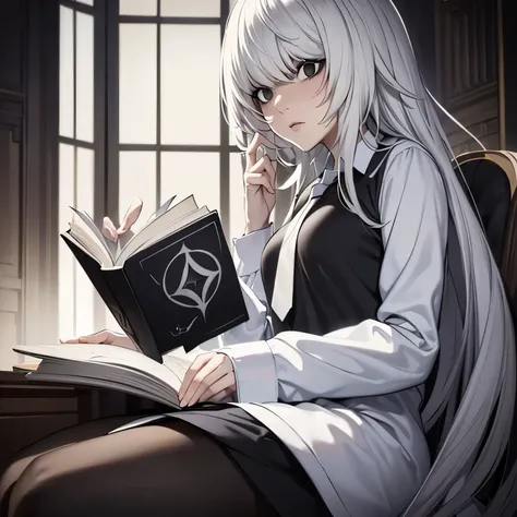 8k, mouthpiece, ((one beautiful woman)),((Death Note drawing)), near solo, ((one beautiful woman)), ((black eyes)), white hair, long hair, reading a book