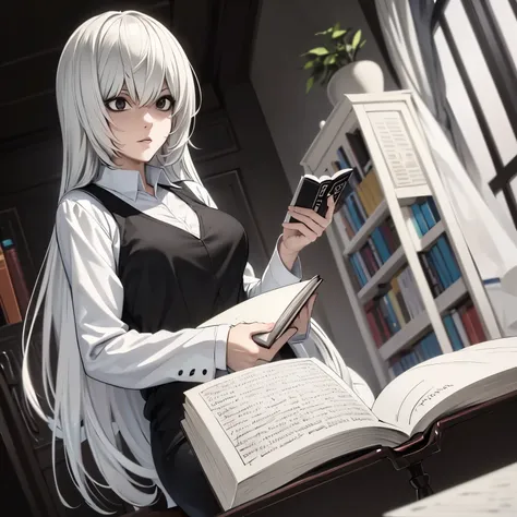 8k, mouthpiece, ((one beautiful woman)),((Death Note drawing)), near solo, ((one beautiful woman)), ((black eyes)), white hair, long hair, reading a book