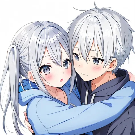 Anime couple wearing blue hoodies hug each other, gray hair, gray hairの, anime cover, shikamimi, One girl has white hair, boy and girl, white bangs, a-1 photo, sakimichan, illustrative!!, Nightcore, silver haired, 2b, 2b, perfect gray hair girl