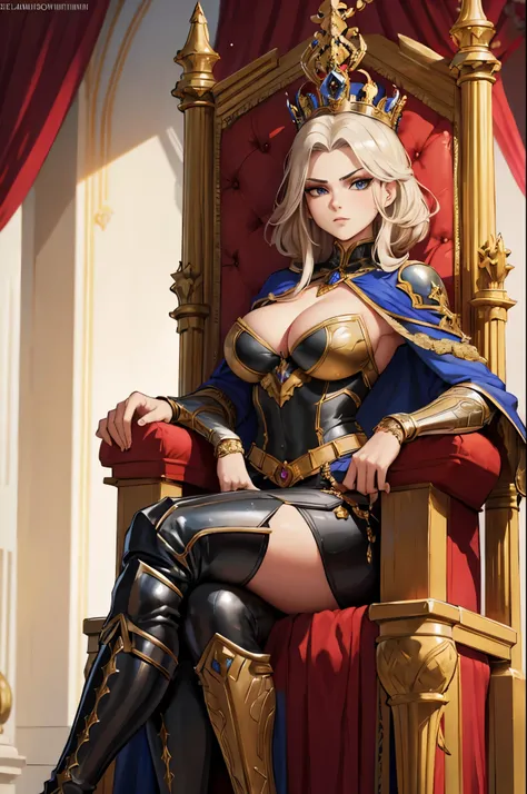 a majestic warrior queen sitting on royal throne next to her wife, arm muscles, cleavage, intricate plate armor, serious look on her face, strong make-up, heavy crown, royal cape, high-heeled boots, throne room in the background