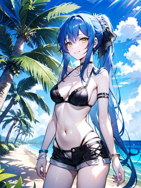 detailed, (masterpiece:1.2), (pale_skin:1.2), (solo:1.2), (female), slender, (blue hair), outdoors, sky, long hair, smile, bangs, headtilt, bare shoulders, (shorts), long_ponytail, palm trees, yellow eyes, hip vent, trees, ((micro:1.5) bikini bra), collarb...