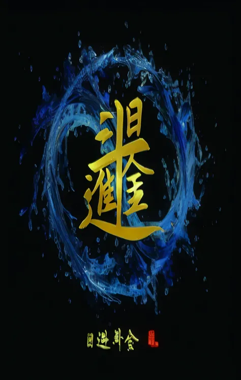 Chinese calligraphy with round design and blue splash,Chinese characters displayed in dark room with black background, Chiba Yudai, Hungry Ghost Festival, full view, full view, Inspired by Cao Buxing, Wang Chen, The album cover, The album cover, lu ji, ins...