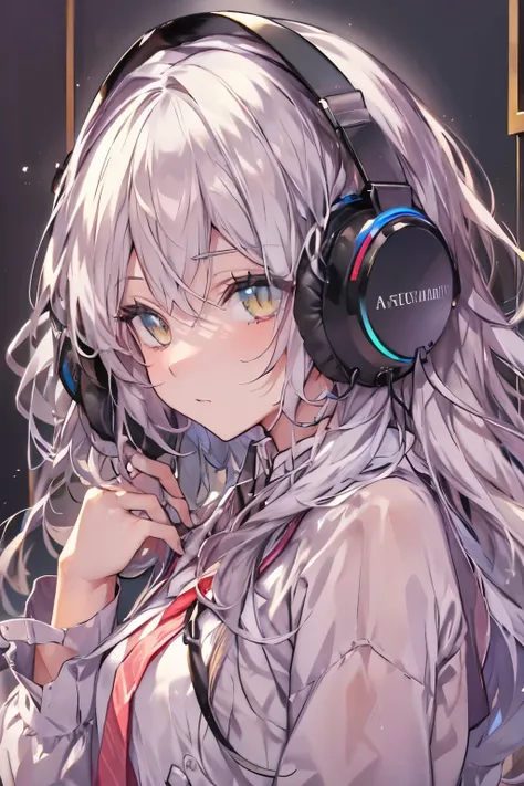 golden eyes、woman using computer with big screen、silber hair、semi-long hair、wearing cool headphones,{{{{{{{{ black parker oversi...