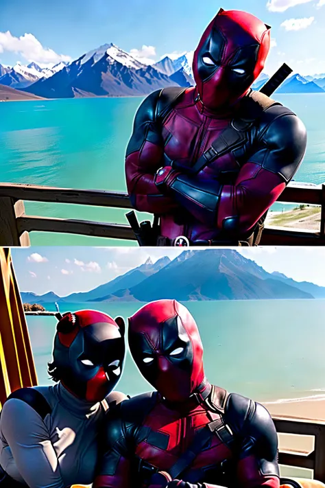 there are two pictures of a man and a woman dressed as deadpool, deadpool, cinematic movie image, deadpool live action costume, ryan reynolds dead pool, epic scene from marvel movie, epic and cinematic view, from a marvel movie, ryan gosling as deadpool, m...