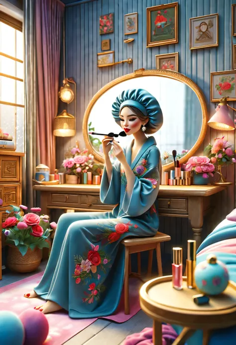 with folk art style,
 （一支可爱的女猫咪sit at the dressing table and put on makeup），sit at the dressing table and put on makeup）。put on ...