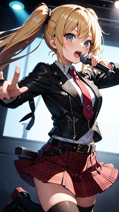 absurdres, absolutely resolution, incredibly absurdres, highres, ultra detailed, official art, unity 8k wallpaper,
BREAK
1 girl, soro, twintails, long hair, blonde hair, necktie, leather jacket, plaid skirt, belt, boots, black legwear,
BREAK
singing, shout...