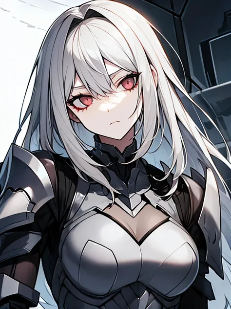 Metal armored dress, pale skin, gray hair, bloody eyes