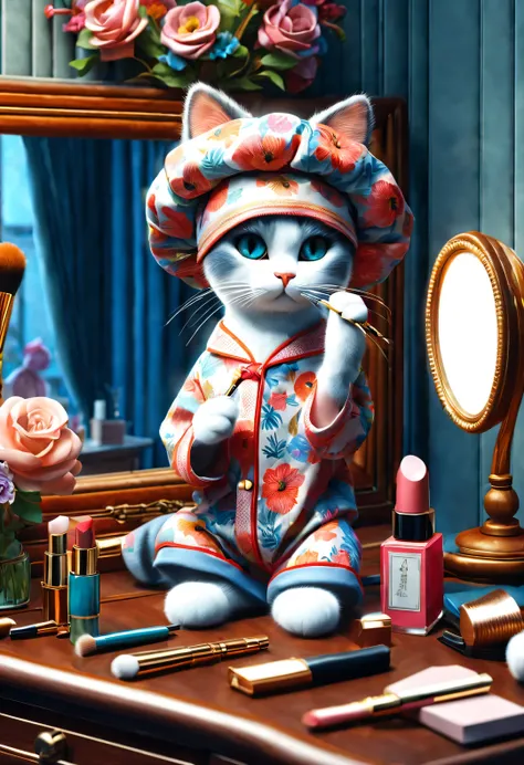 With folk art style,
 （一支可爱的小Cat doing makeup while sitting at the dressing table），Cat doing makeup while sitting at the dressing table。put on nightcap，Wearing hip-hop style pajamas，Wearing an exaggerated nightcap，detailed details，beautiful details，lipstic...