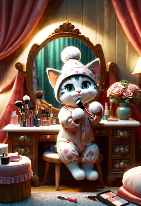 With folk art style,
(A cute kitten sitting in front of the dressing table doing makeup),Cat sitting and doing makeup,put on nightcap,wearing pajamas,Wearing an exaggerated nightcap,detailed details,beautiful details,lipstick,Makeup Pen,perfume,flowers,Ma...