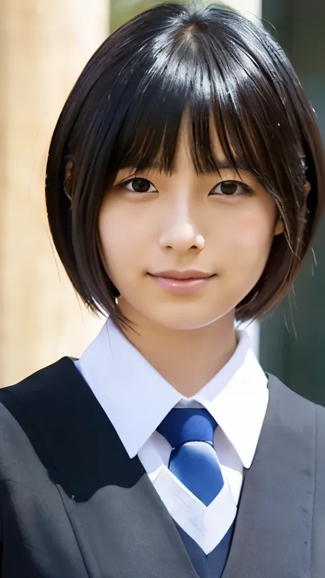 Top quality, beautiful Japanese woman, student, short bob hair, black hair, uniform, white shirt, tie, bust up, neat,