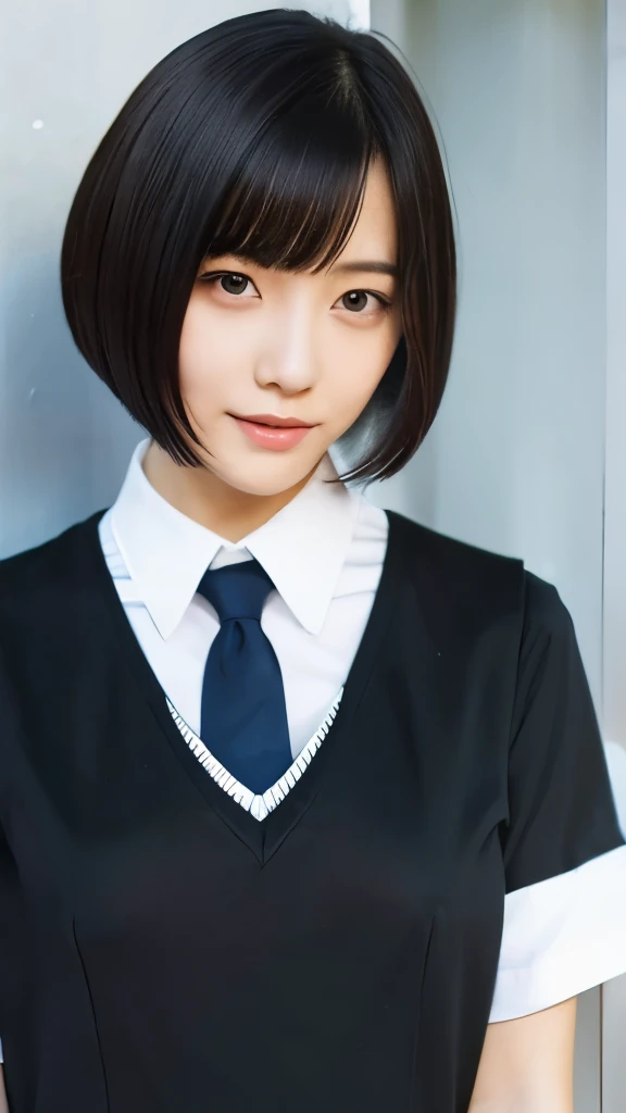 Top quality, beautiful Japanese woman, student, short bob hair, black hair, uniform, white shirt, tie, bust up, neat,