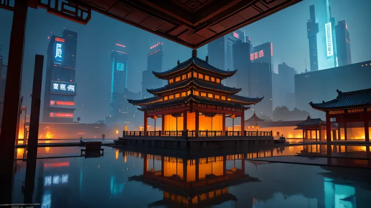 old Chinese building，Chinese Drum Tower,cyberpunk style,science fiction scene,neon lights,solo,high vista,lifelike3D动画风格, Landscape concept art, ultra high resolution (lifelike: 1.4), aesthetics, focus, high quality, bright colors, stunning reflection, cry...