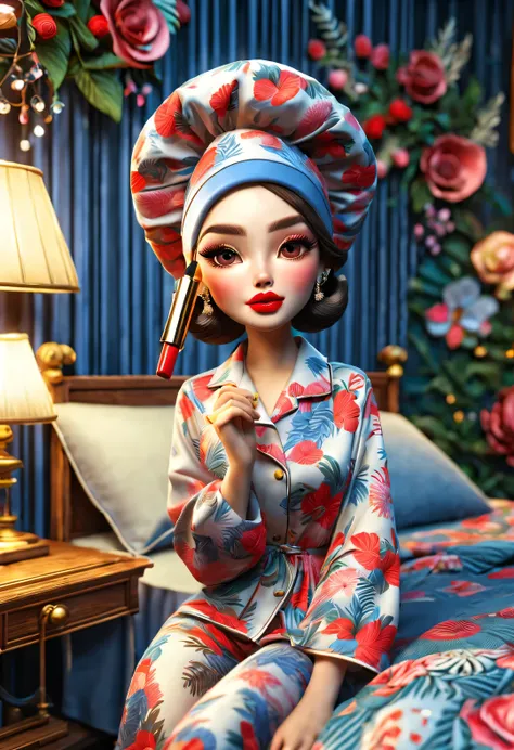 With folk art style,
 （一支可爱的小猫咪涂lipstick），put on nightcap，Wearing hip-hop style pajamas，Wearing an exaggerated nightcap，detailed details，beautiful details，lipstick，Makeup Pen，perfume，flowers，Magazine，
background：Makeup in front of dressing table in bedroom...