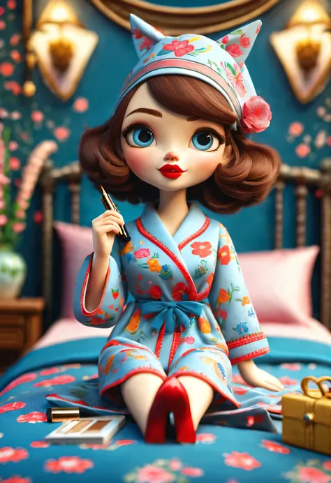 With folk art style,
 （一支可爱的小猫咪正坐在梳妆台前涂lipstick），猫咪正涂lipstick，put on nightcap，wearing pajamas，detailed details，beautiful details，lipstick，Makeup Pen，perfume，flowers，Magazine，
background：Bedroom 3D rendering， cartoon，illustration，Pixar，cartoon，ultra high de...