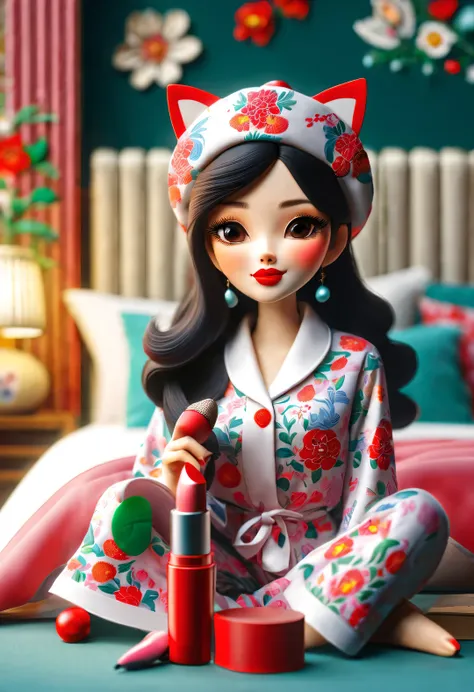 With folk art style,
 （一支可爱的小猫咪正坐在梳妆台前涂lipstick），猫咪正涂lipstick，put on nightcap，wearing pajamas，detailed details，beautiful details，lipstick，Makeup Pen，perfume，flowers，Magazine，
background：Bedroom 3D rendering， cartoon，illustration，Pixar，cartoon，ultra high de...