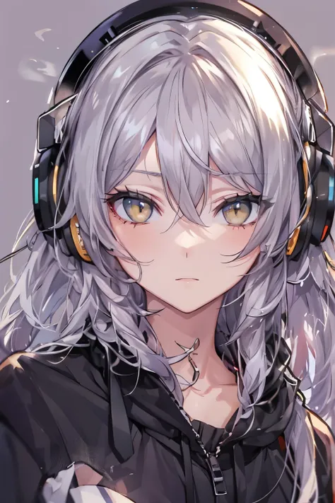 golden eyes、woman using computer with big screen、silber hair、semi-long hair、wearing cool headphones,{{{{{{{{ black parker oversi...