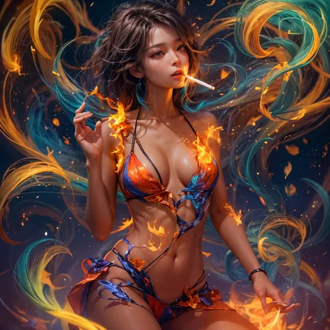 (NSFW:-0.95), (Exposed:0.2), (((nipple:-0.99))), (Acutance:0.85, vivid rainbow colors:1.2), (best quality, highres, realistic:1.37), (((cigarette-smoking sexy woman with only one Cigarette))), Heyz, (outfit made of flames inspired by Ifrit:1.4), (Dazzling ...