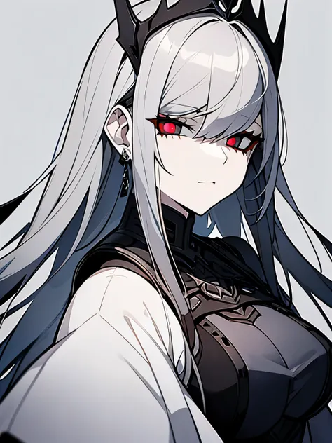 Metal armored dress, pale skin, gray hair, bloody pupils, black sclera, bloody tears, metal tiara