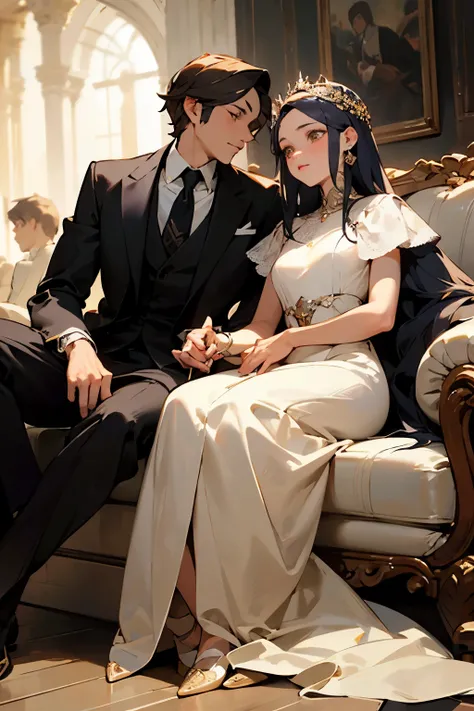 An ancient princess sat side by side with a woman dressed in mens clothing, elegant and luxurious((best quality)), ((masterpiece)), (detailed), perfect face