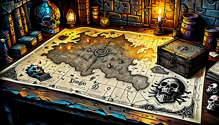 Meticulously designed dark fantasy dungeon maps, Decorated with intricate details showing a sense of madness, Delicate brush strokes and ink drawing techniques, Meticulously designed dark fantasy paper maps, on the table, Alchemists room, (((Dungeon paper ...