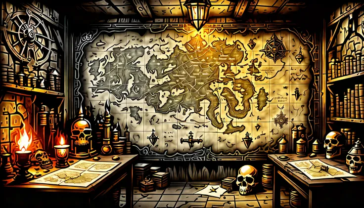 A meticulously designed map mural of a dark fantasy dungeon map., (((transparent effect background:1.3))), Decorated with intricate details showing a sense of madness, Delicate brush strokes and ink drawing techniques, Meticulously designed dark fantasy pa...