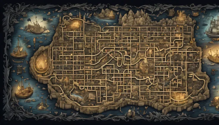 a meticulously designed map mural of a dark fantasy dungeon map., (((dungeon paper map background with transparent effect:1.3)))...