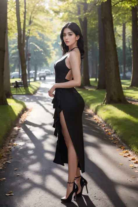 "A slim European model exudes sex appeal as she poses outside, the lens capturing every intricate detail in ultra-high definition at f1.8. Her raven-black hair cascades down her shoulders, framing her small, angular face. She wears a figure-hugging dress t...