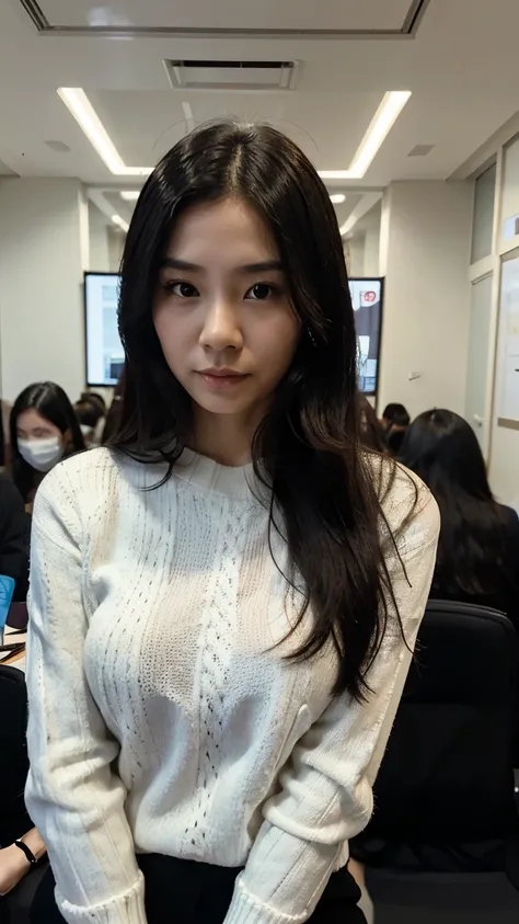 30 years old Hong Kong woman in a crowded meeting room, white knit jumper, black straight long hair, half body