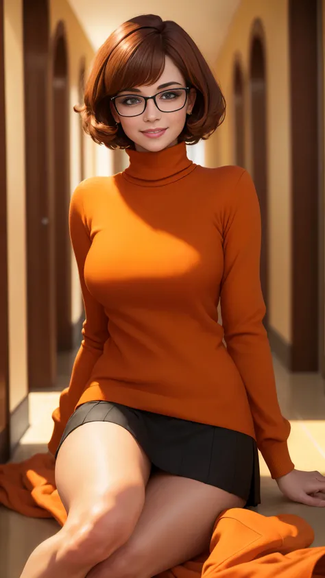 masterpiece, depth of field, photorealistic, absurdres, best quality, 8k, best quality, 1girl, female, young, portrait, perfect lighting,  cinematic lighting,  looking at viewer, velma dace dinkley, (perfect body), solo, blush, breasts, brown eyes, (dark b...