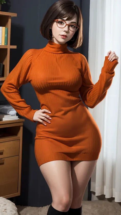 Velma Dinkley, orange knit sweater, red short skirt, big , sexy body, 8k resolution, detail body,