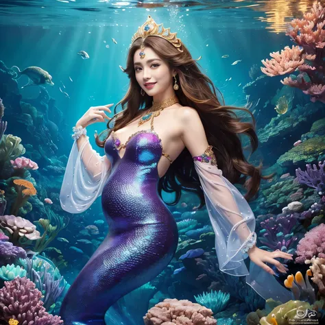 (highest quality、table top、8K、best image quality、hyper realism)、(Little mermaid in the most luxurious and majestic costume:1.1)、(Luxurious transparent sleeve:1.1)、(Mermaid goddess swimming in the beautiful rocky area of the deep sea.:1.2)、(Extremely comple...