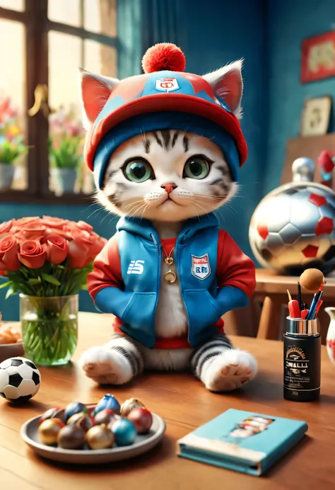 With folk art style,
 （A cute kitten is watching a football match），Kitten sports have，Wearing hip-hop style sportswear，detailed details，beautiful details，lipstick，Makeup Pen，perfume，flowers，Magazine，
background：3D rendering of dining table， cartoon，illustr...