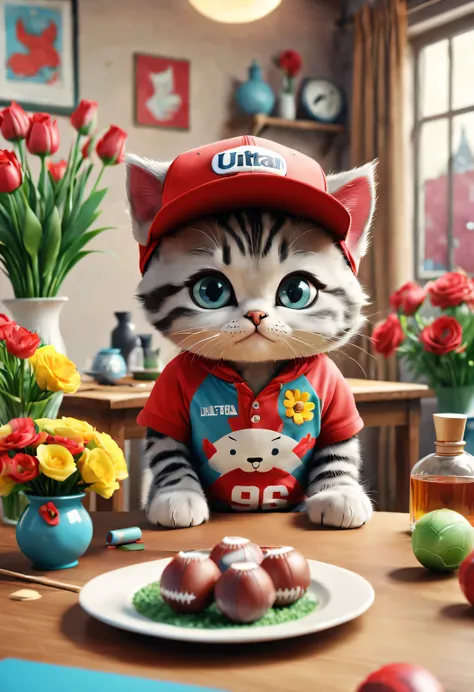 with folk art style,
 （a cute kitten is watching a football match），kitten sports have，wearing hip-hop style sportswear，detailed ...