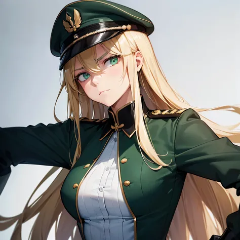 one tall girl, long blonde hair, emerald green eyes, german war uniform, war cap black gloves, frowning, disgusted expression, ультрадетализированный,(Реалистичный,photoРеалистичный,photo-Реалистичный:1.37), (Лучшее качество,4K,8К,Высокое разрешение,Шедевр...