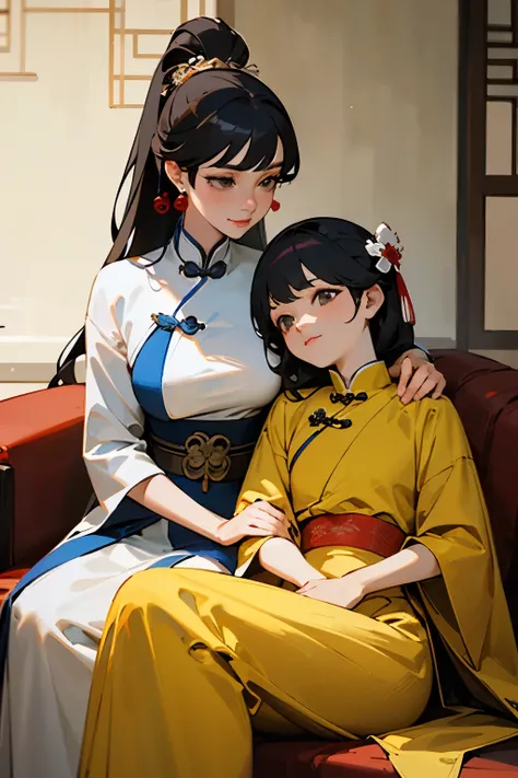 A princess from ancient China, sitting side by side with a woman wearing Chinese official attire, elegant and luxurious((best quality)), ((masterpiece)), (detailed), perfect face