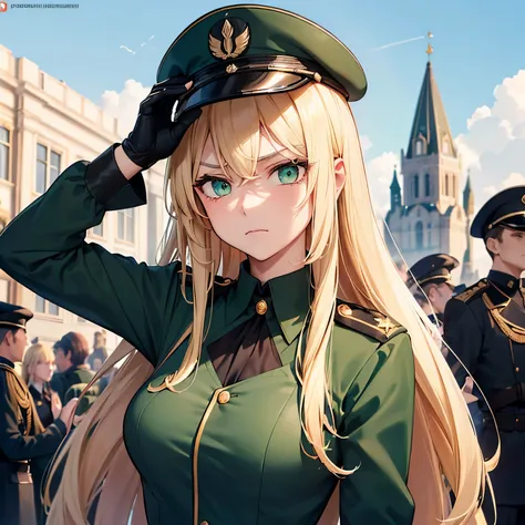 one tall girl, long blonde hair, emerald green eyes, black german war uniform, war cap, black gloves, frowning, disgusted expression, ультрадетализированный,(Реалистичный,photoРеалистичный,photo-Реалистичный:1.37), (Лучшее качество,4K,8К,Высокое разрешение...