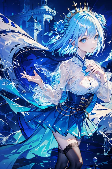 8k wallpaper，detailed background，best high resolution，light blue hair，bandeau princess dress，castle background，A city in the sea、Princess，perfect fit，jellyfish、moon，water is rippling，short hair、Transparent light blue colored tights